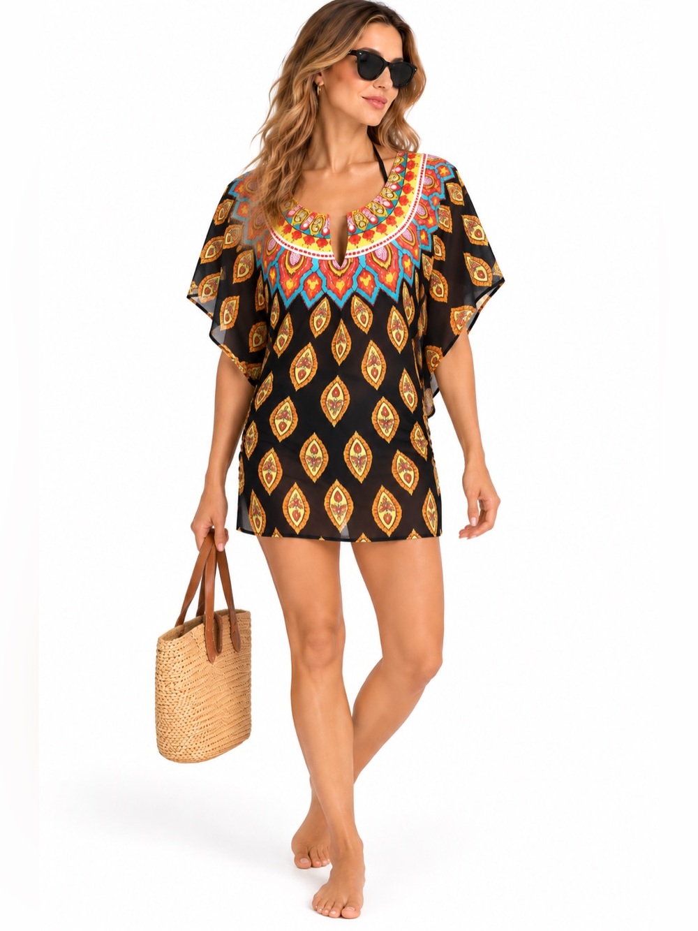 Women’s Black Multicolor Printed Swim Coverup Tunic